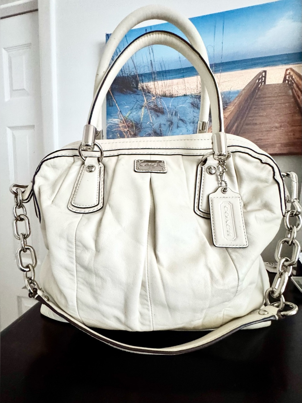 Coach Kristin White Pleated Leather Satchel Bag F15339